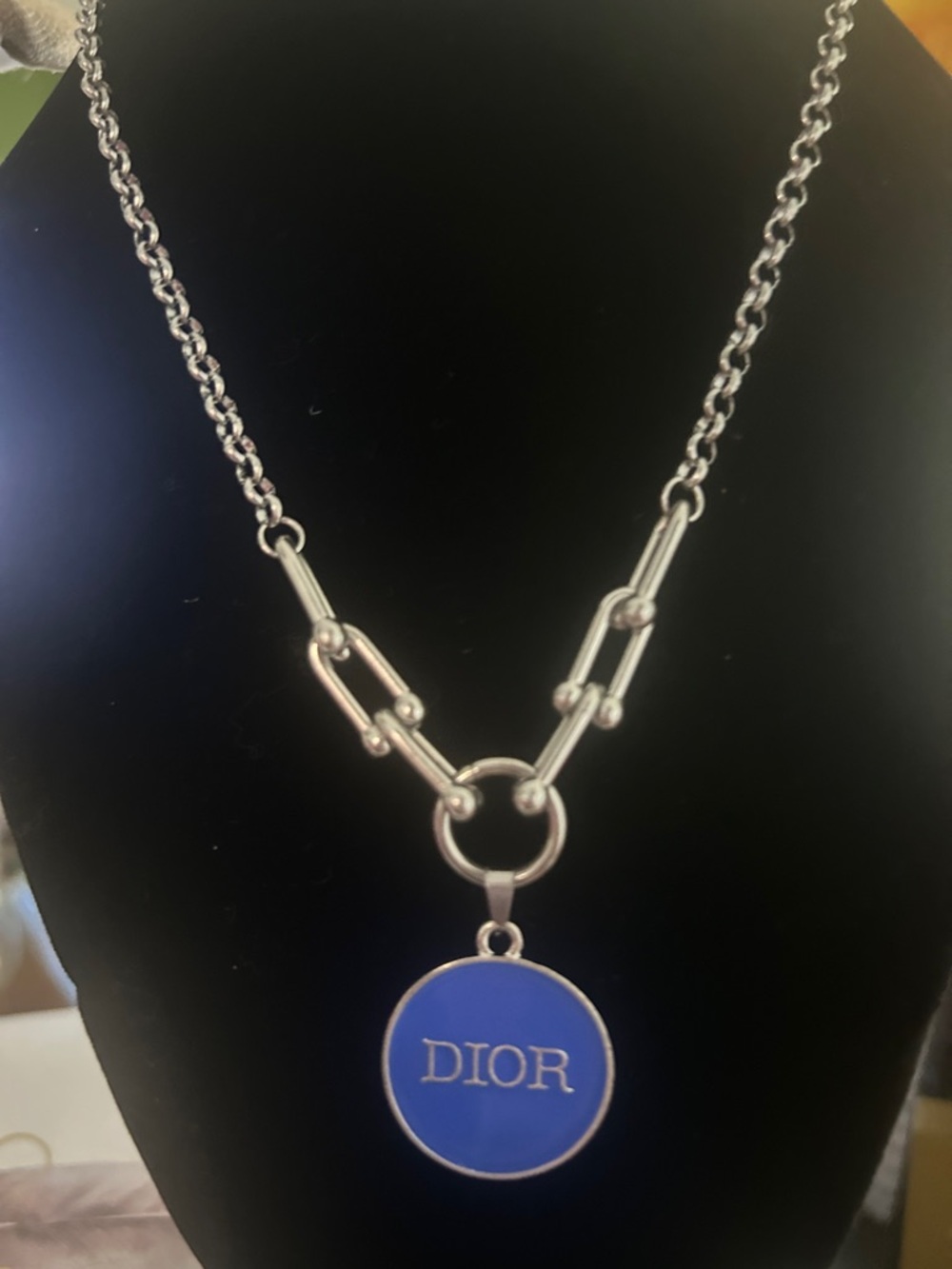 silver Chain Necklace with Blue Logo Disc